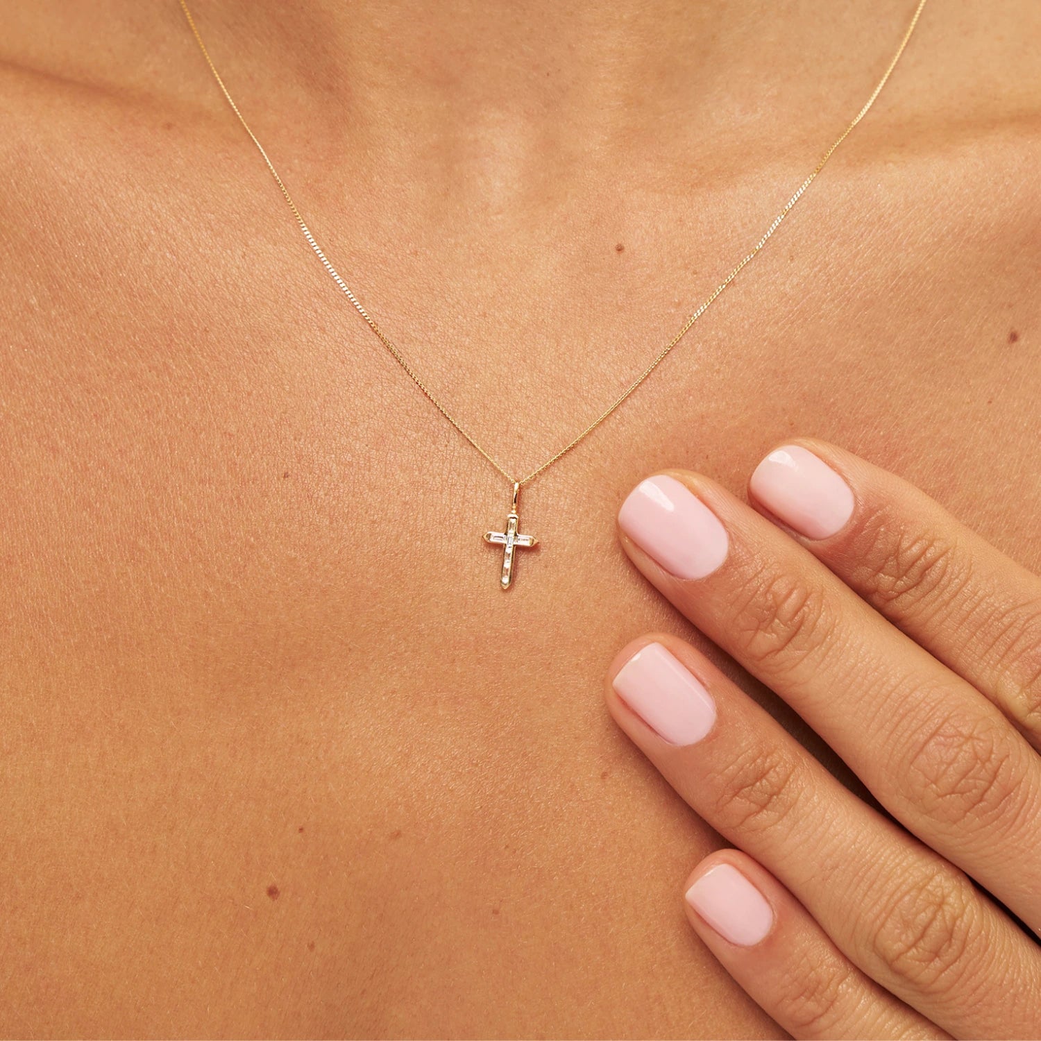 Solid Gold Baguette Genuine Diamond Tiny Cross Necklace