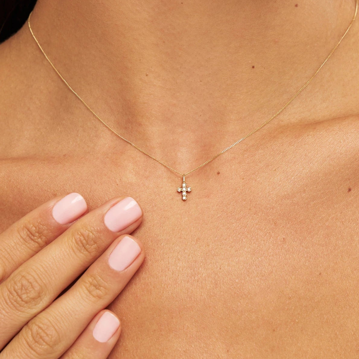 Solid Gold Genuine Diamond Rounded Tiny Cross Necklace