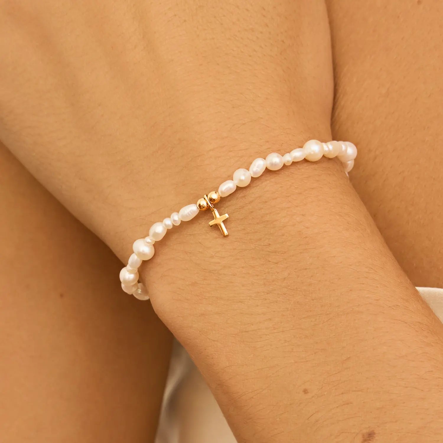 Solid Gold Pearl Tiny Cross Bracelet
