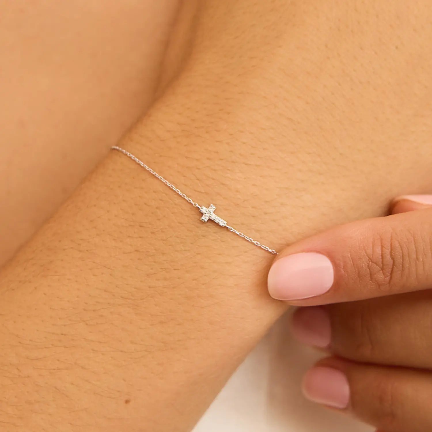 Solid White Gold Genuine Diamond Tiny Cross Bracelet