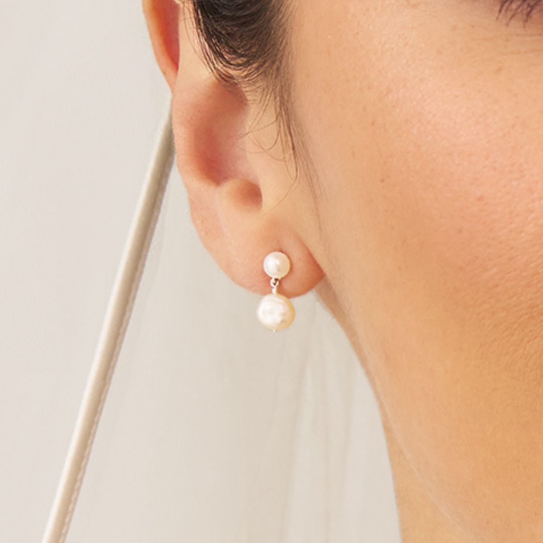 Silver Double Baroque Pearl Drop Stud Earrings