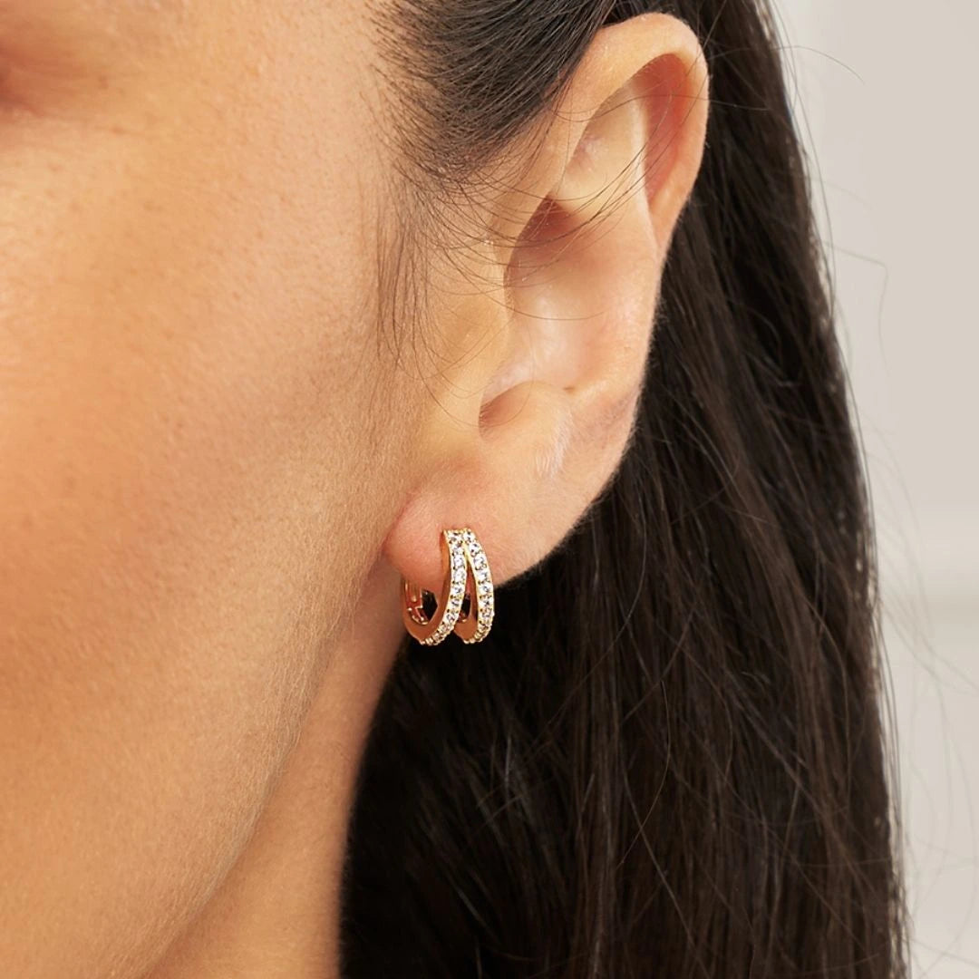 Gold Double Diamond Style Huggie Hoop Earrings