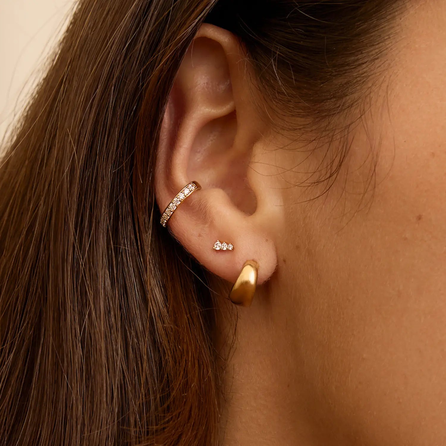 Gold Three Diamond Style Graduated Stud Earrings