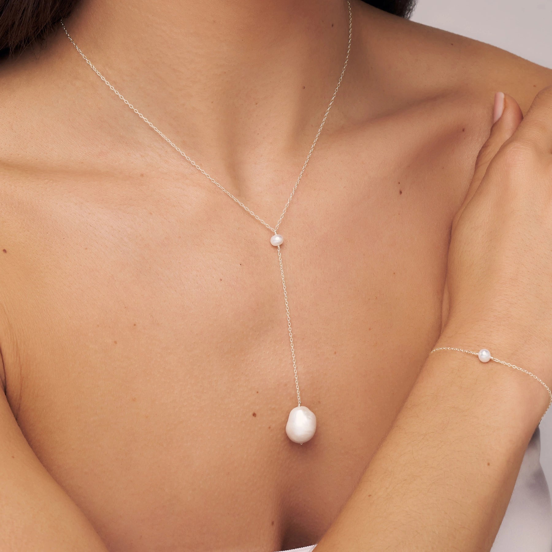 Silver Large Baroque Pearl Lariat Necklace