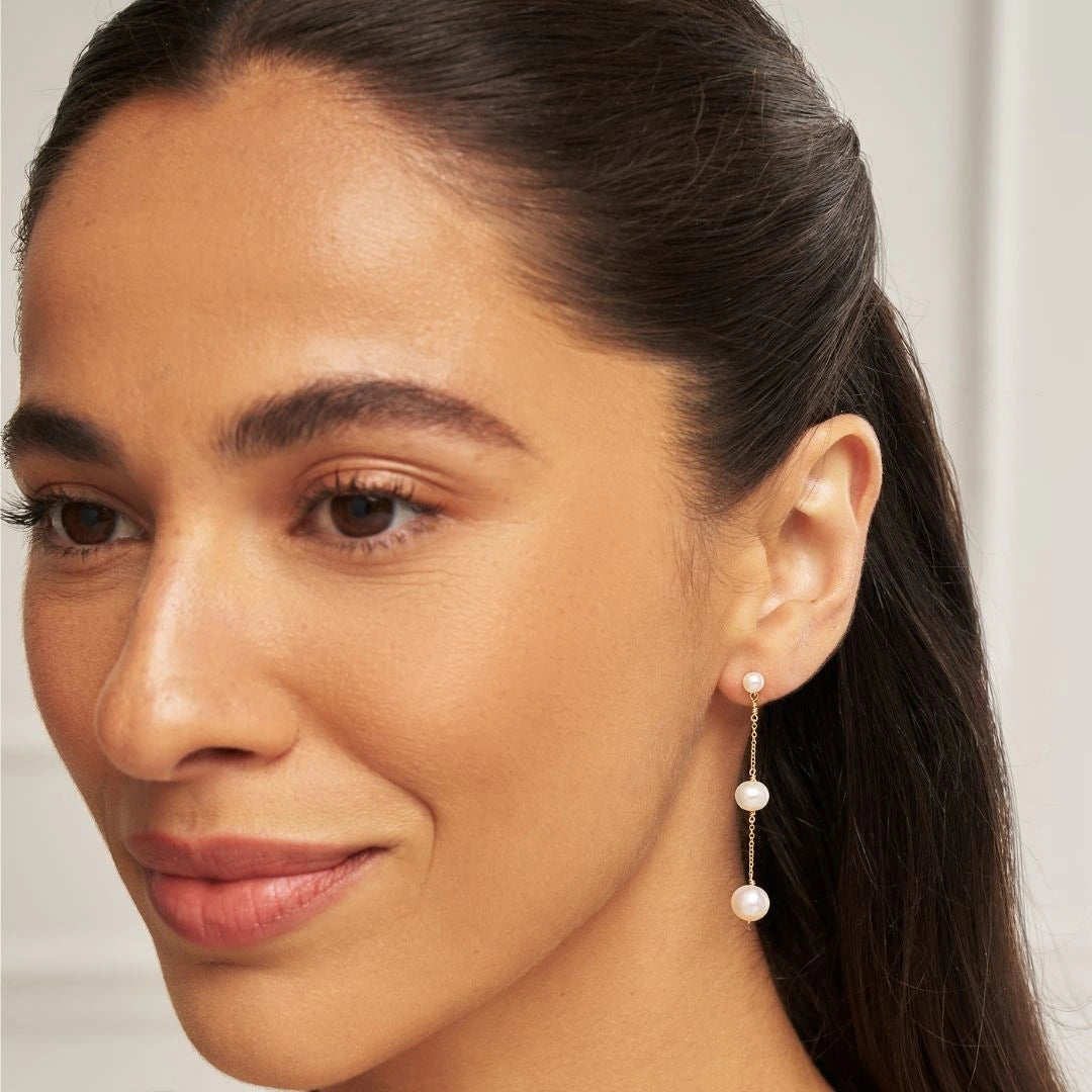 Gold Three Graduated Pearl Drop Earrings