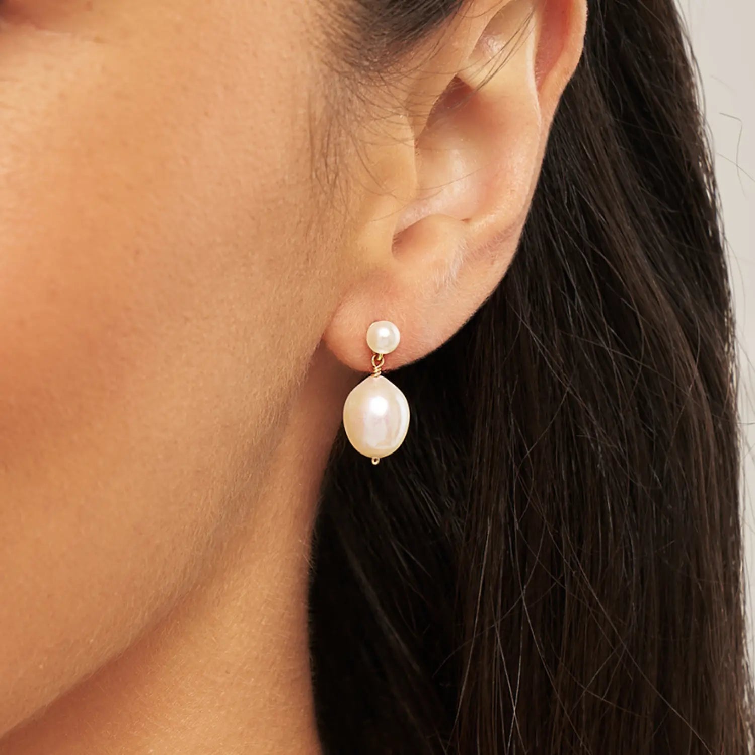 Silver Double Pearl Drop Stud Earrings