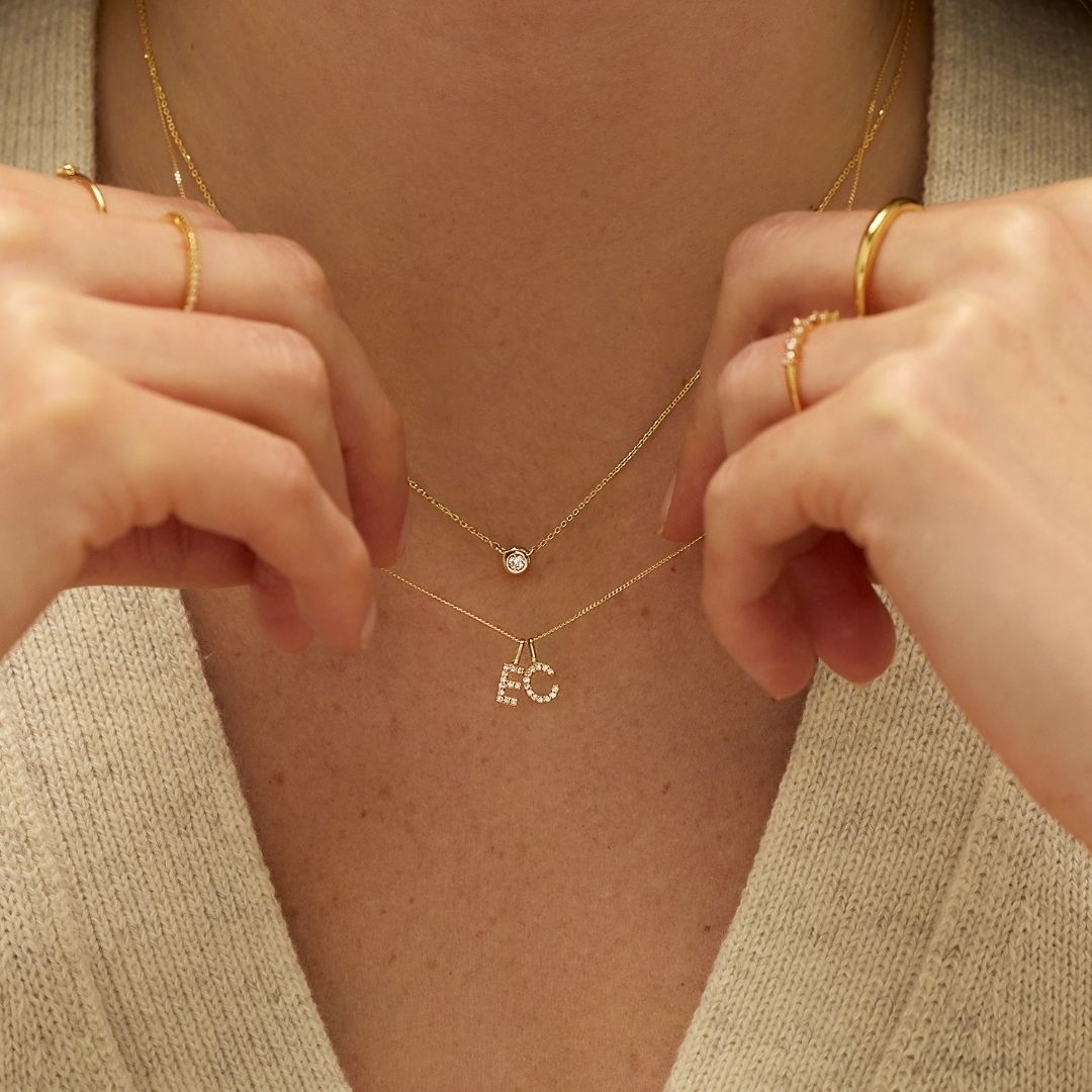 Solid Gold Genuine Diamond Initial Letter Necklace