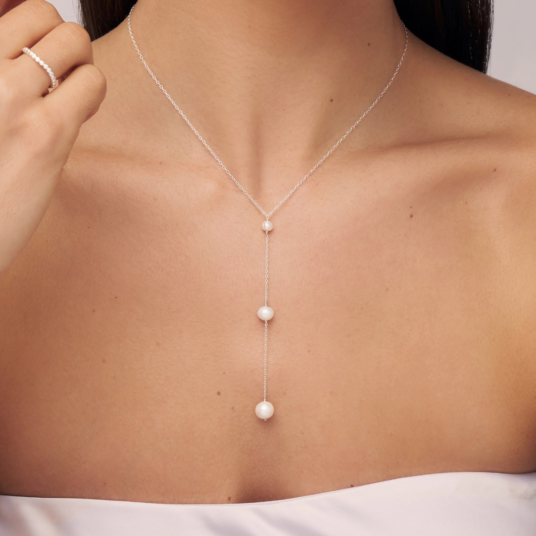 Silver Three Graduated Pearl Drop Lariat Necklace