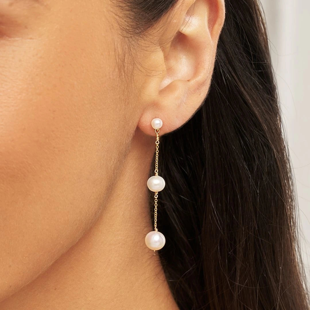 Gold Three Graduated Pearl Drop Earrings