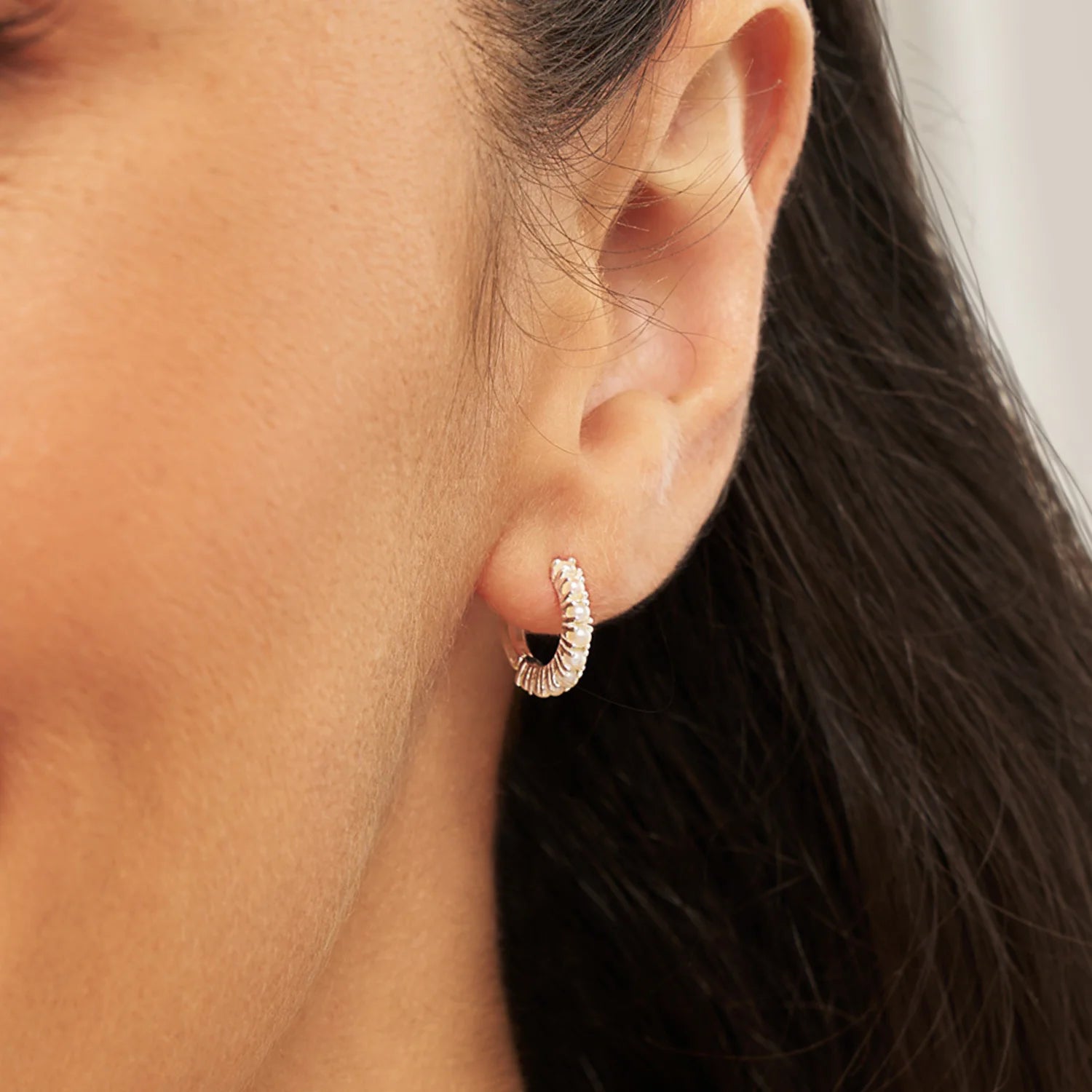 Silver Pearl Row Huggie Hoop Earrings
