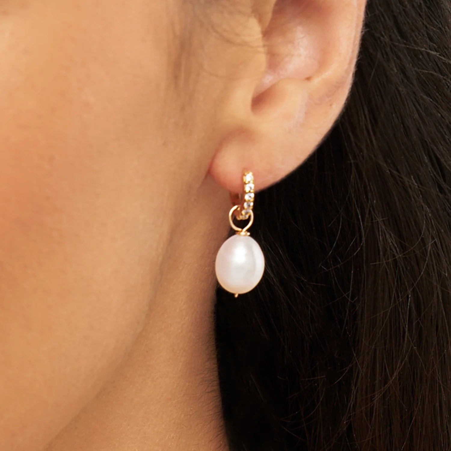 Gold Huggie Pearl Drop Earrings