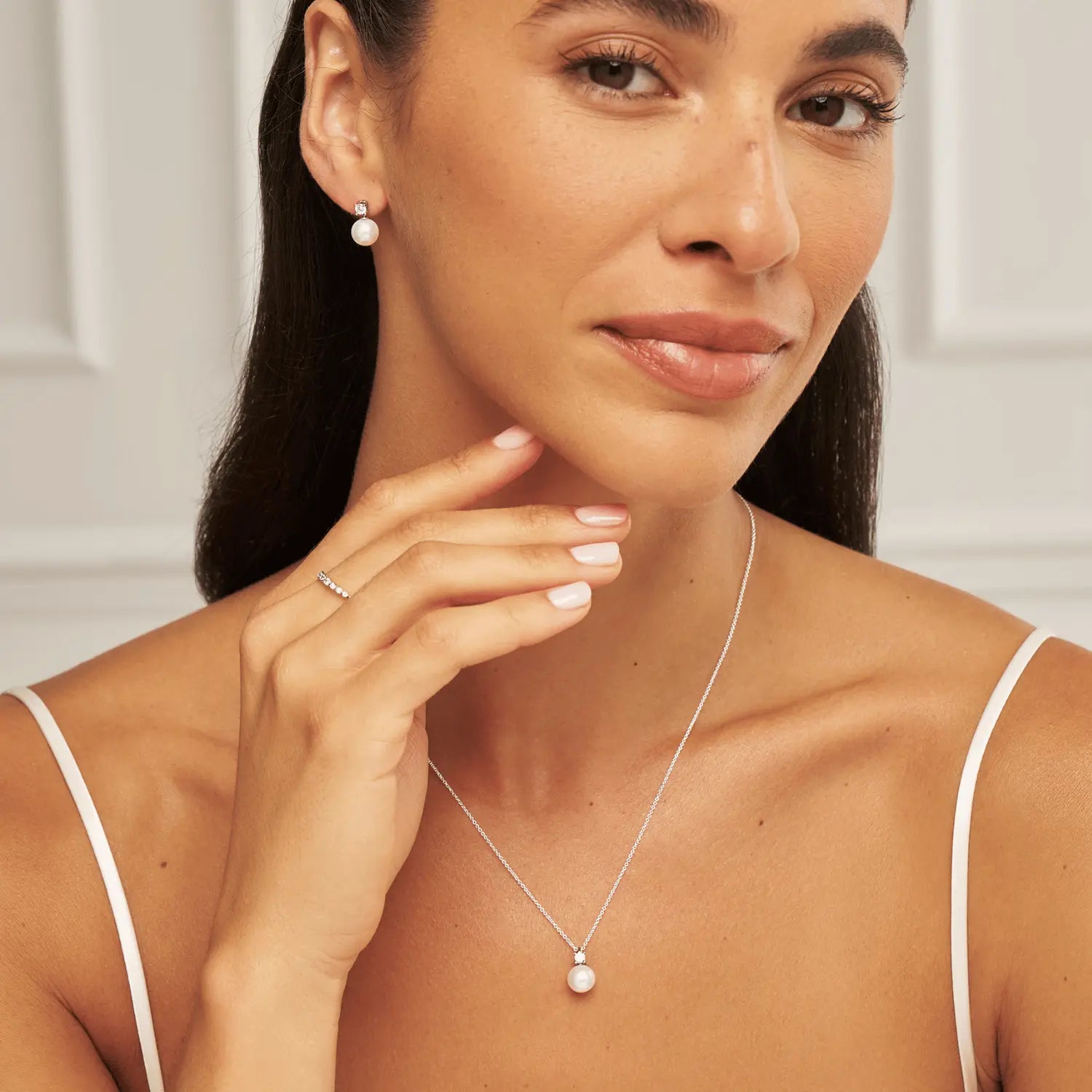 Silver Diamond Style and Pearl Stud Earrings and Necklace Gift Set