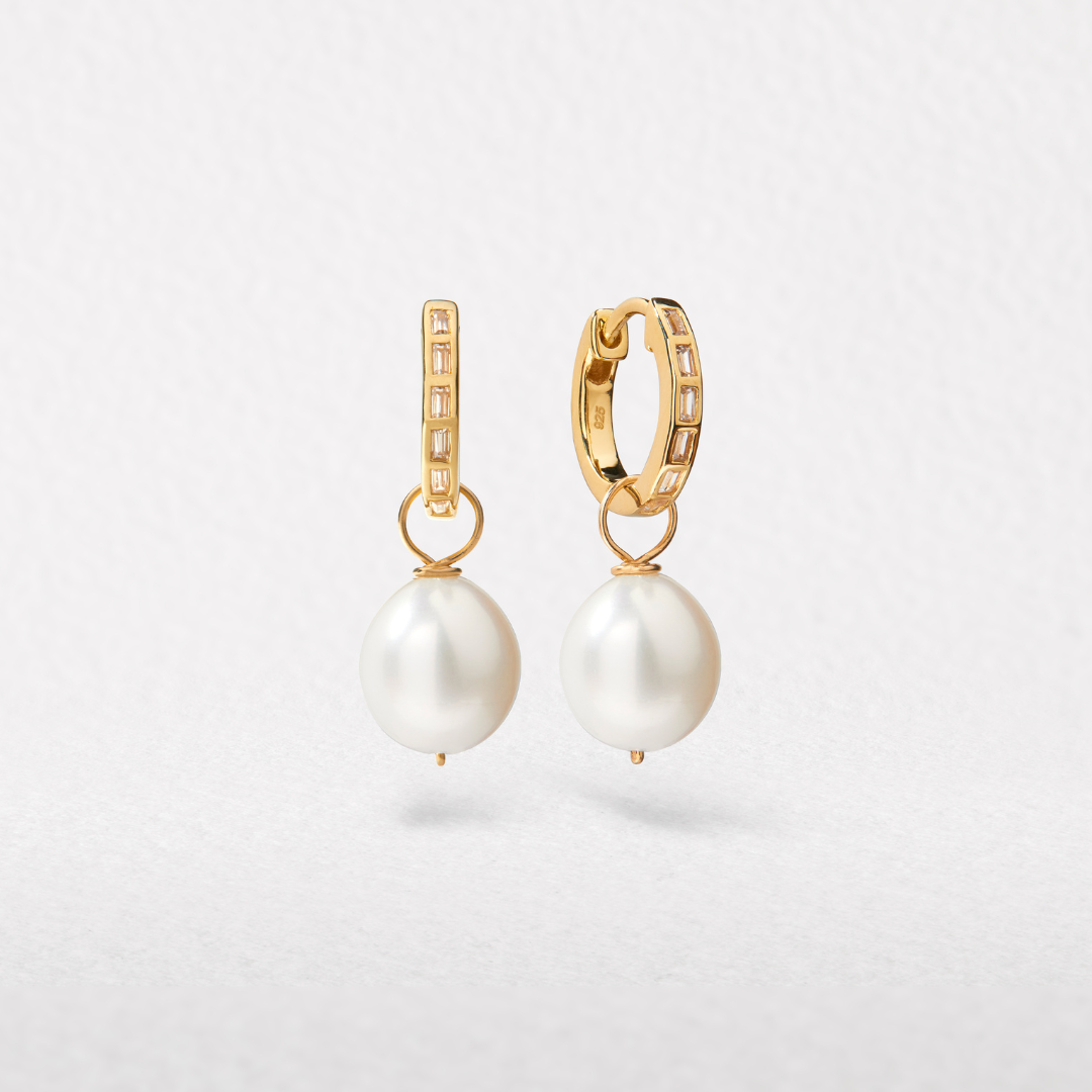 Gold Diamond Style Baguette Pearl Drop Hoop Earrings