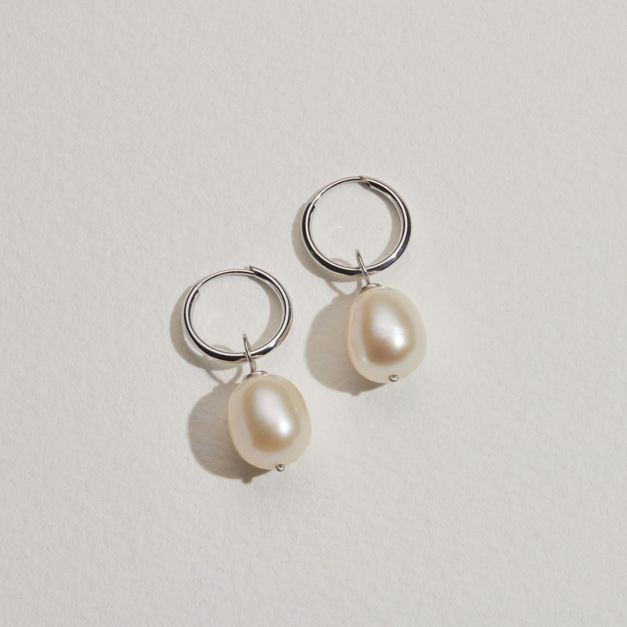 Solid White Gold Large Pearl Drop Hoop Earrings