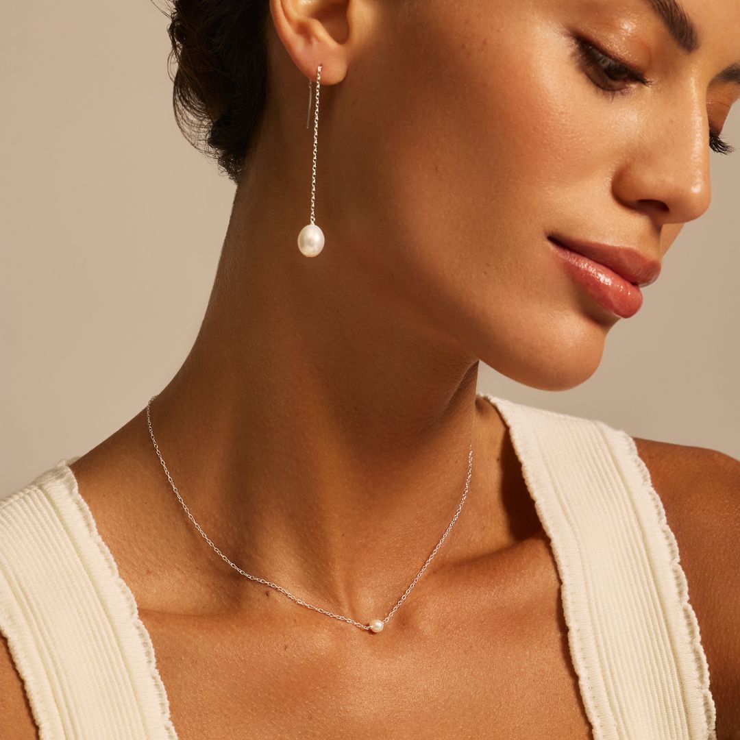 Silver Large Pearl Drop Ear Threaders and Single Pearl Choker Gift Set