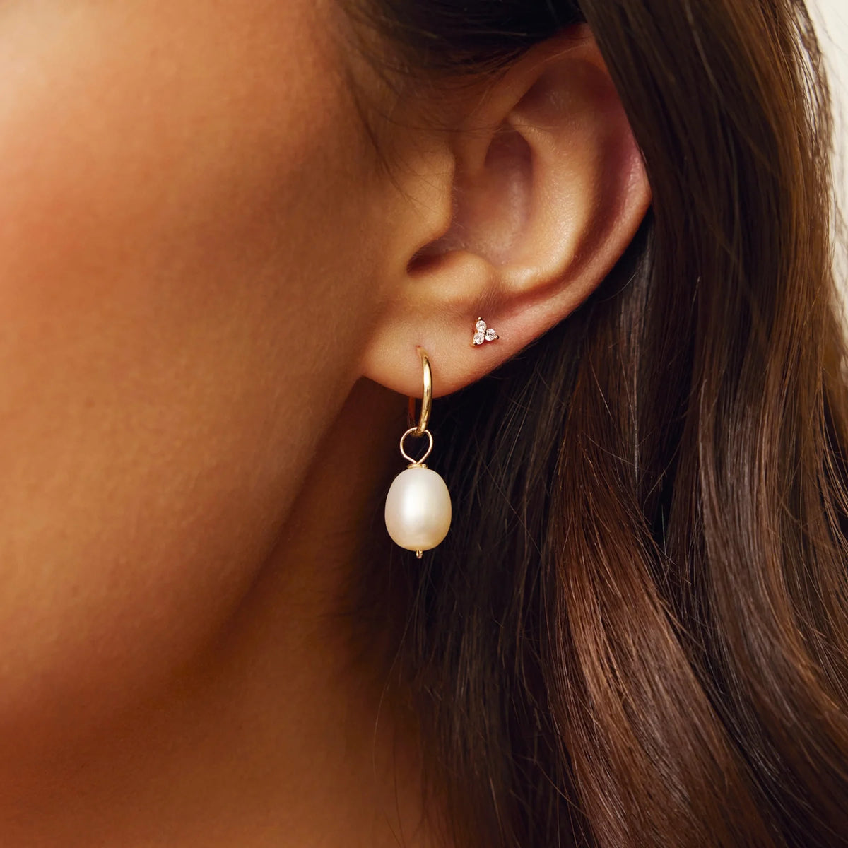 Solid Gold Large Pearl Drop Hoop Earrings