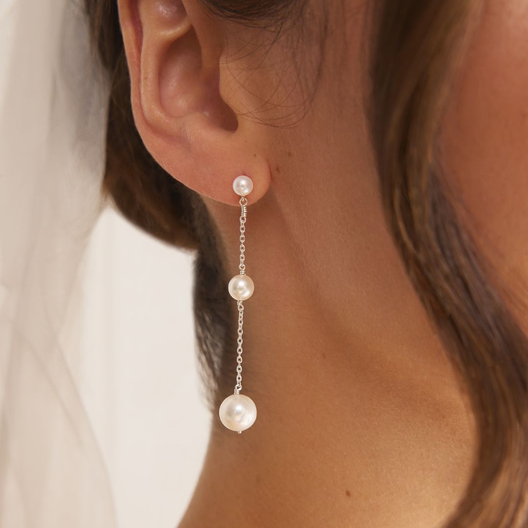 Silver Three Graduated Pearl Drop Earrings