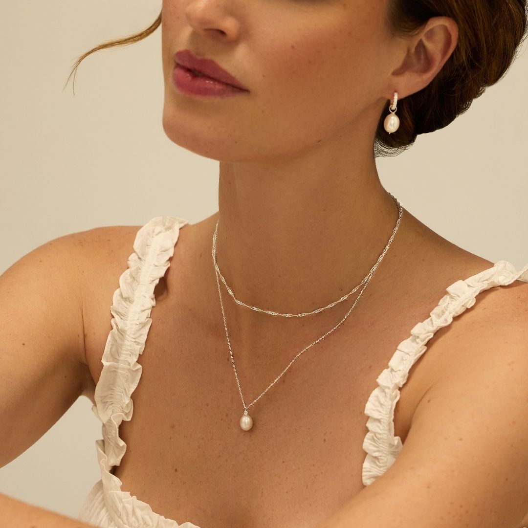 Silver Single Diamond Style Pearl Necklace