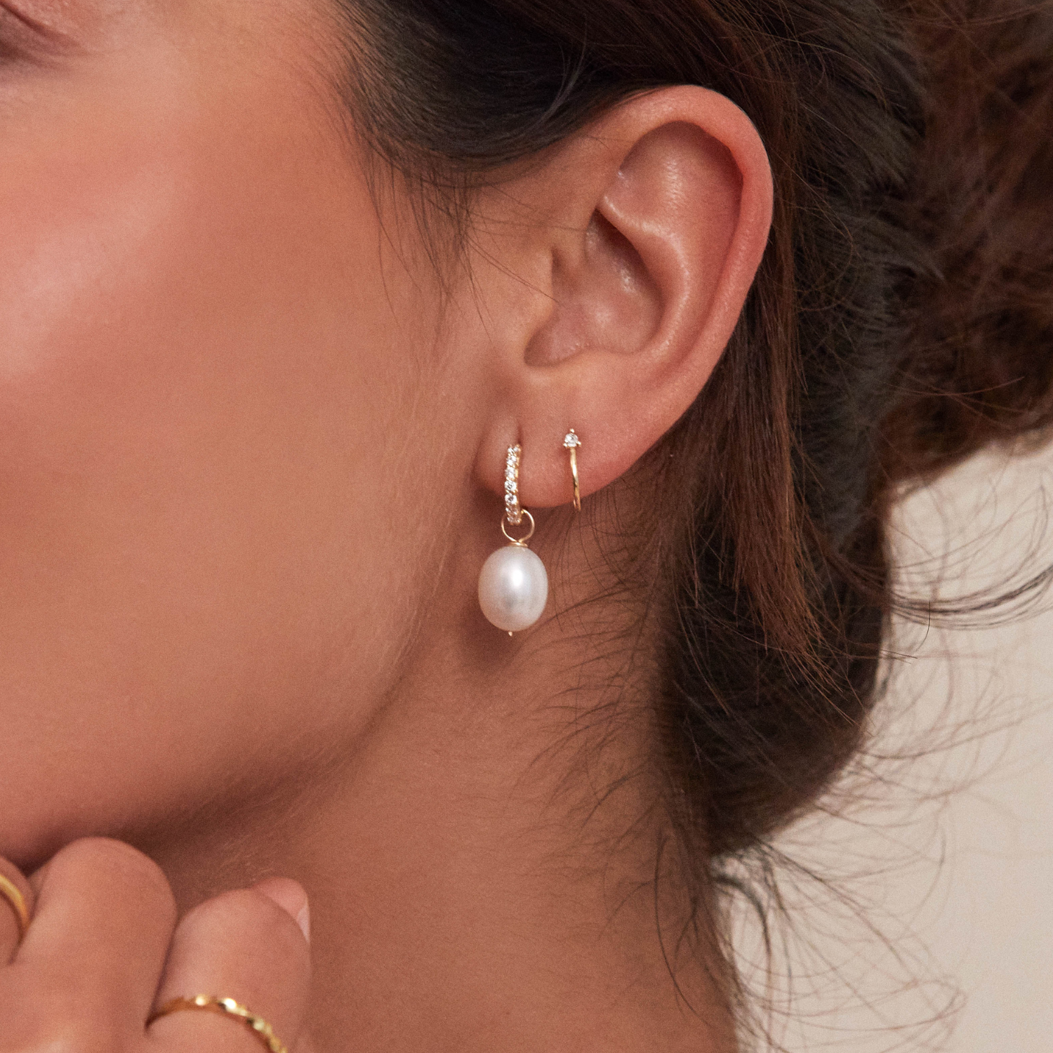 Gold Huggie Pearl Drop Earrings