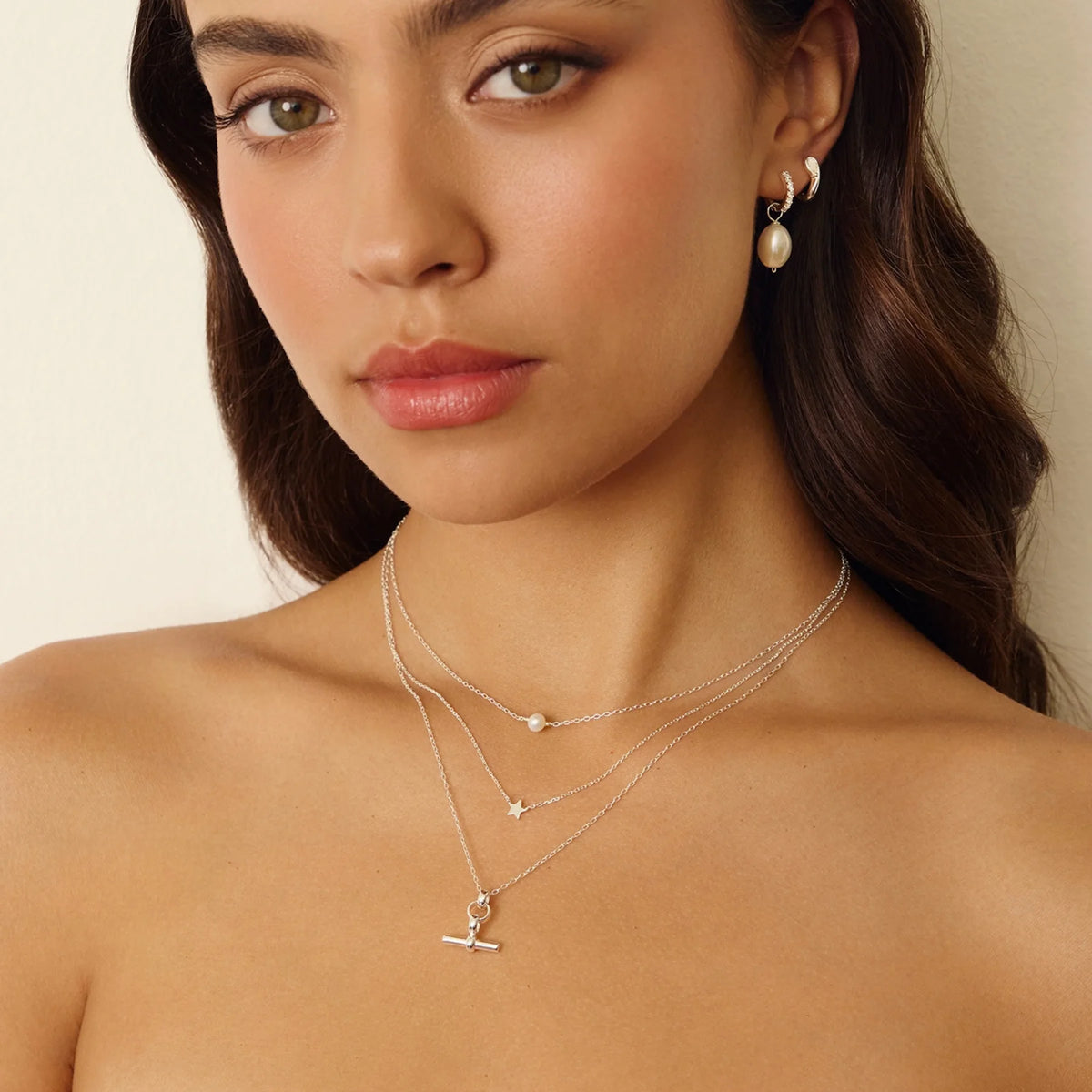 Silver Huggie Pearl Drop Earrings