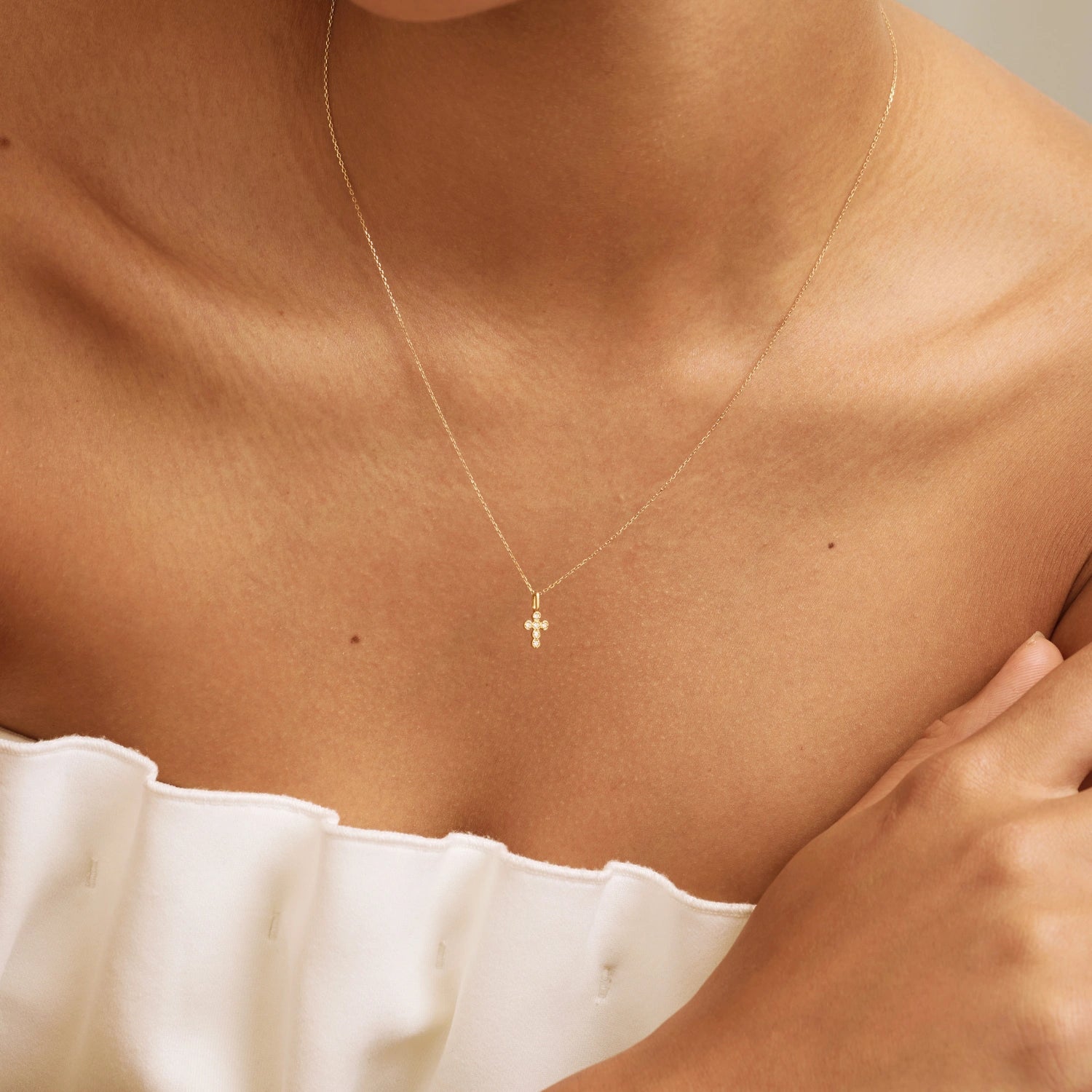 Solid Gold Genuine Diamond Rounded Tiny Cross Necklace
