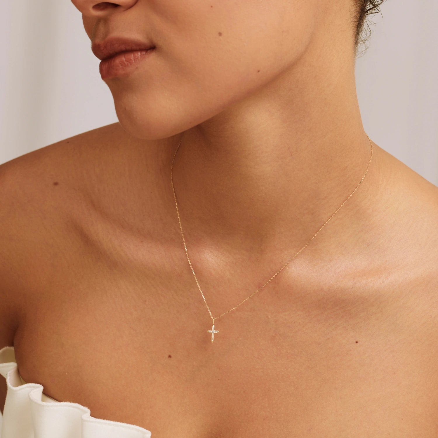 Solid Gold Baguette Genuine Diamond Tiny Cross Necklace