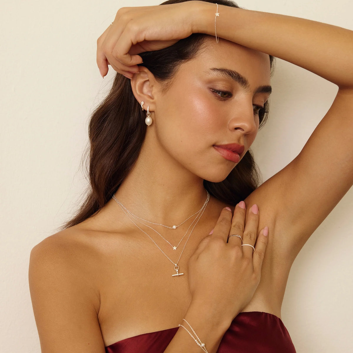 Silver Huggie Pearl Drop Earrings