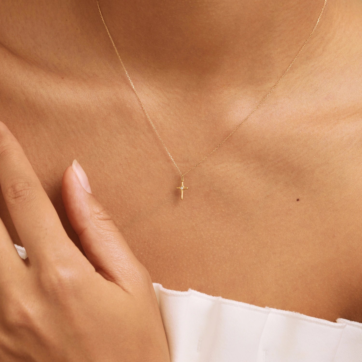 Solid Gold Single Genuine Diamond Tiny Cross Necklace