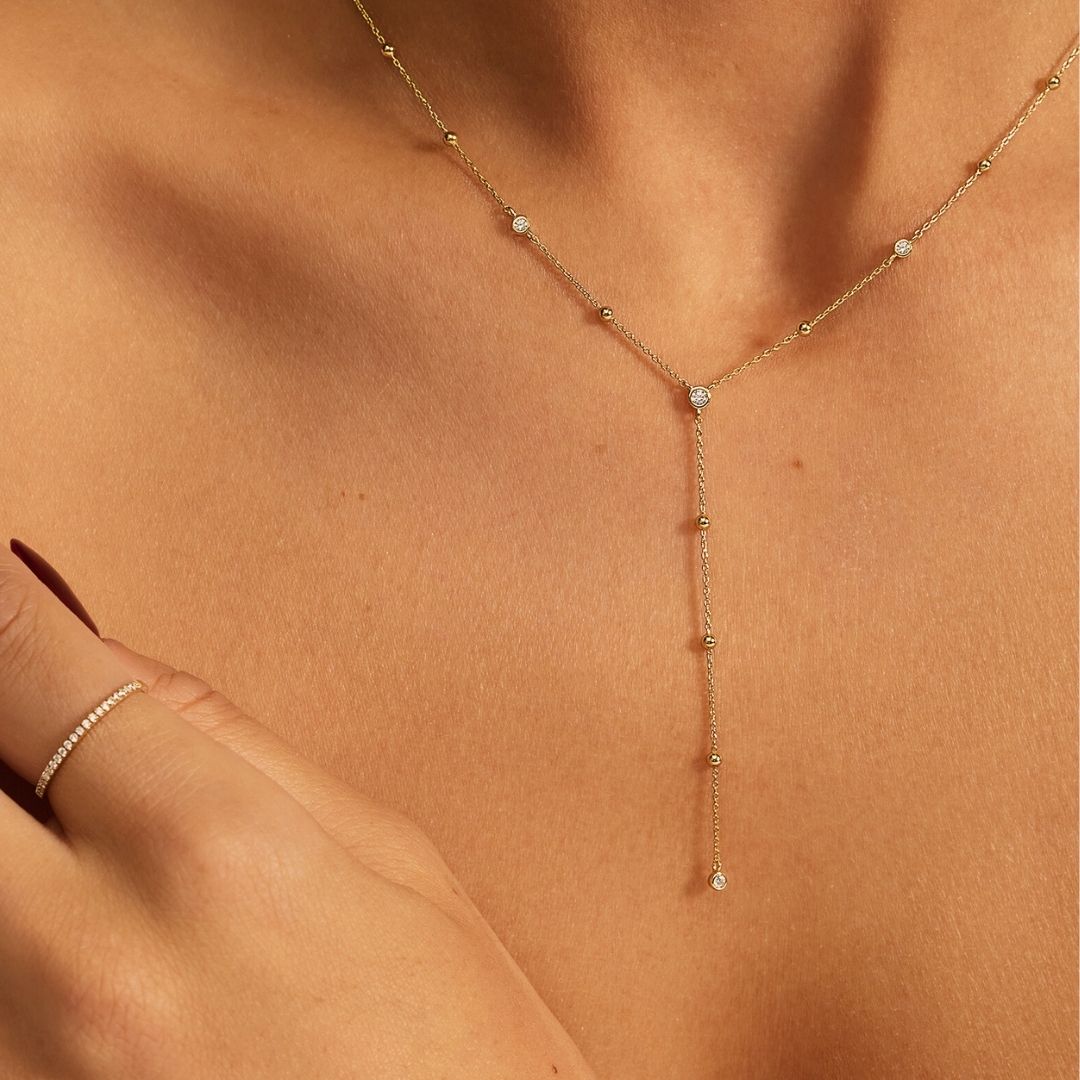 Gold Diamond Style Satellite Lariat Necklace