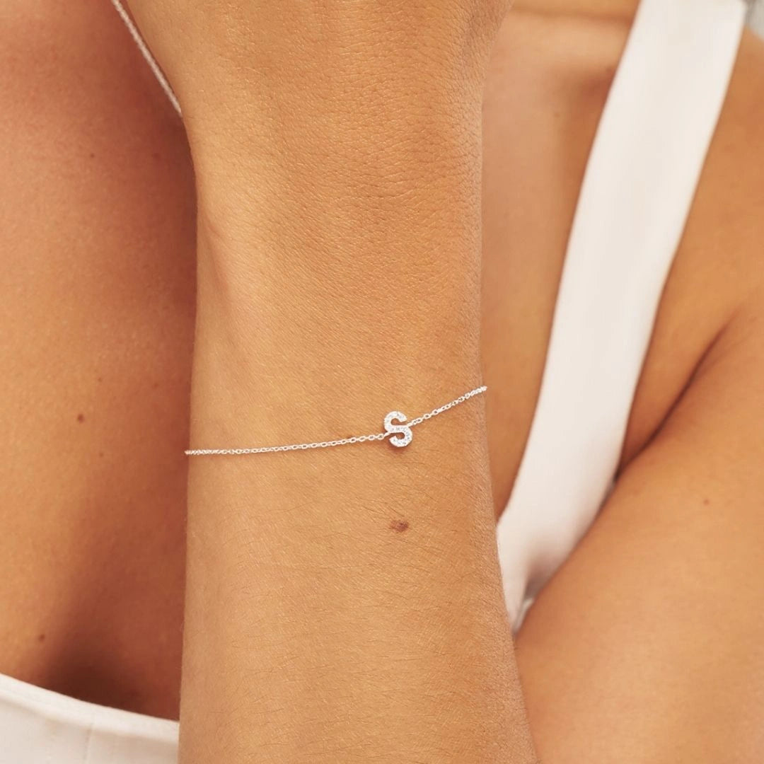 Silver Diamond Style Miniature Initial Letter Bracelet