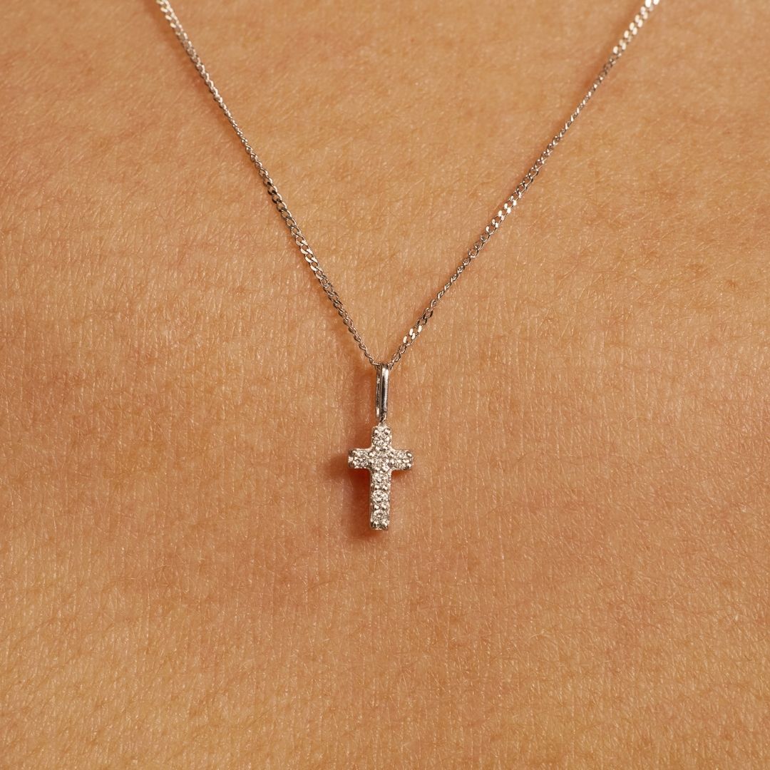 Solid White Gold Genuine Diamond Individual Tiny Cross Charm