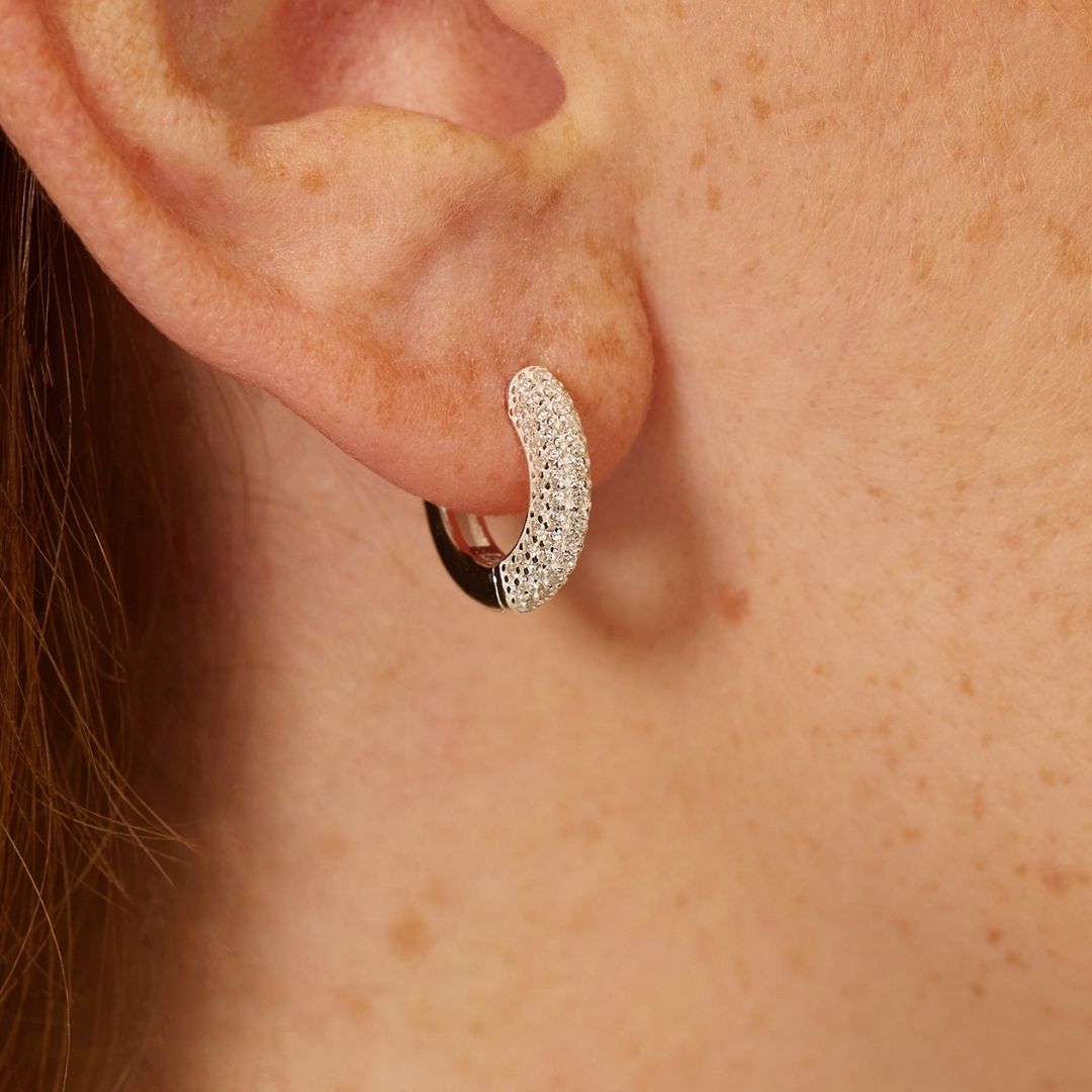 Silver Diamond Style Chunky Cluster Hoop Earrings