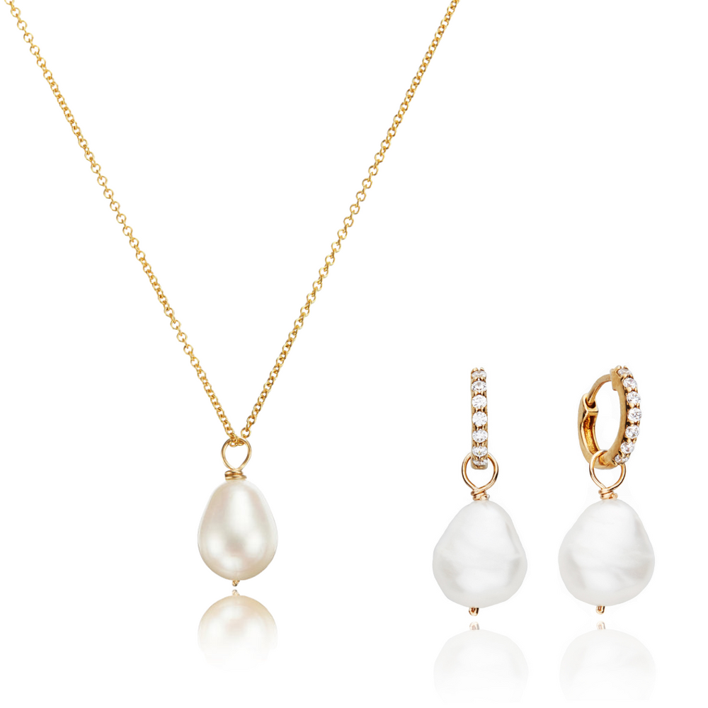 Gold Pearl Drop Huggies and Large Pearl Necklace Gift Set – LILY & ROO