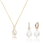 Gold Pearl Drop Huggies and Large Pearl Necklace Set