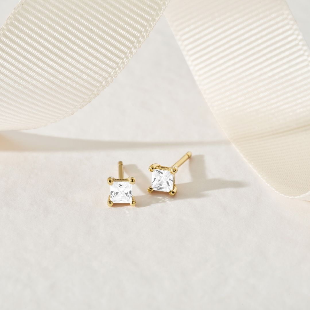 Gold Princess Diamond Style Square Stud Earrings