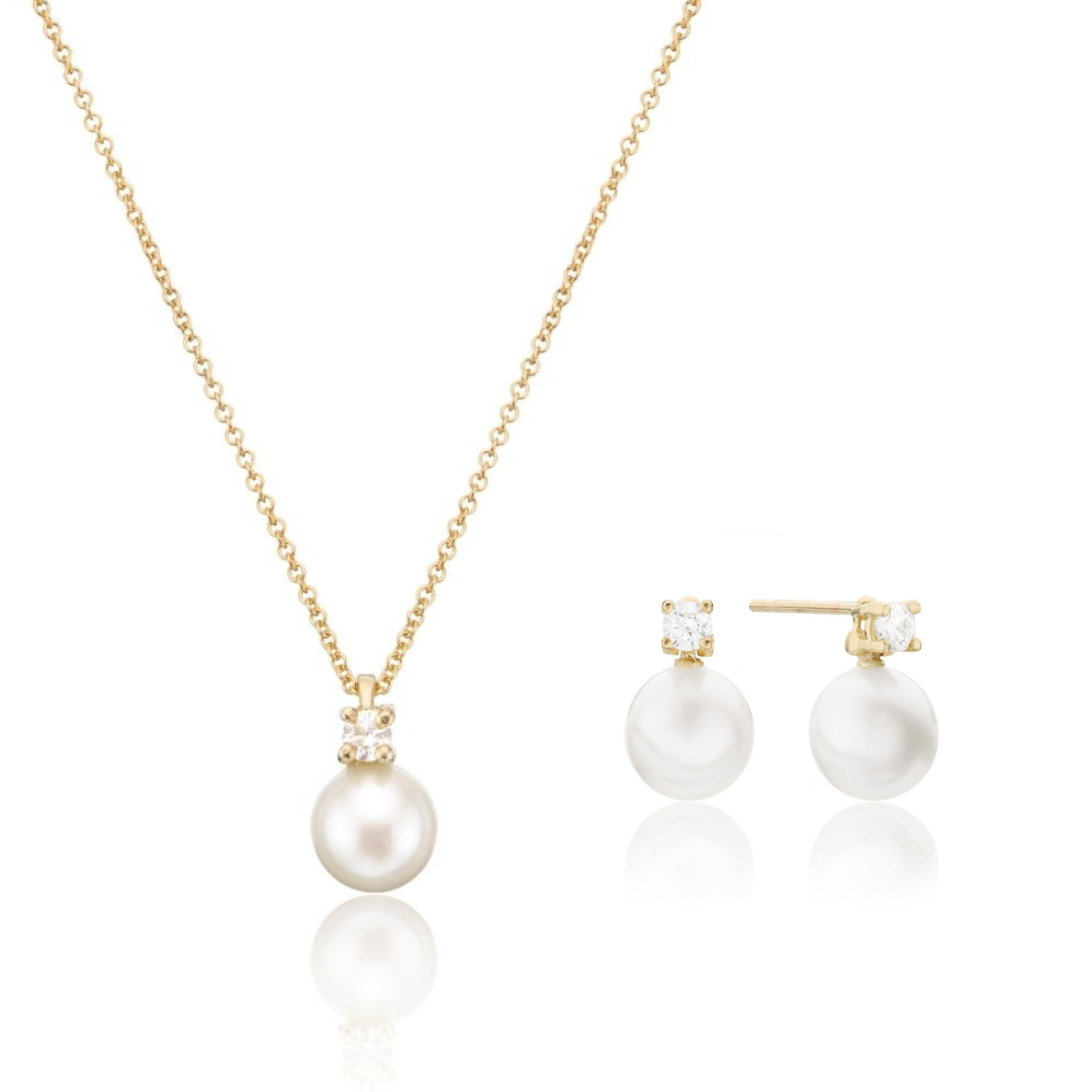 Gold Diamond Style and Pearl Stud Earrings and Necklace Gift Set