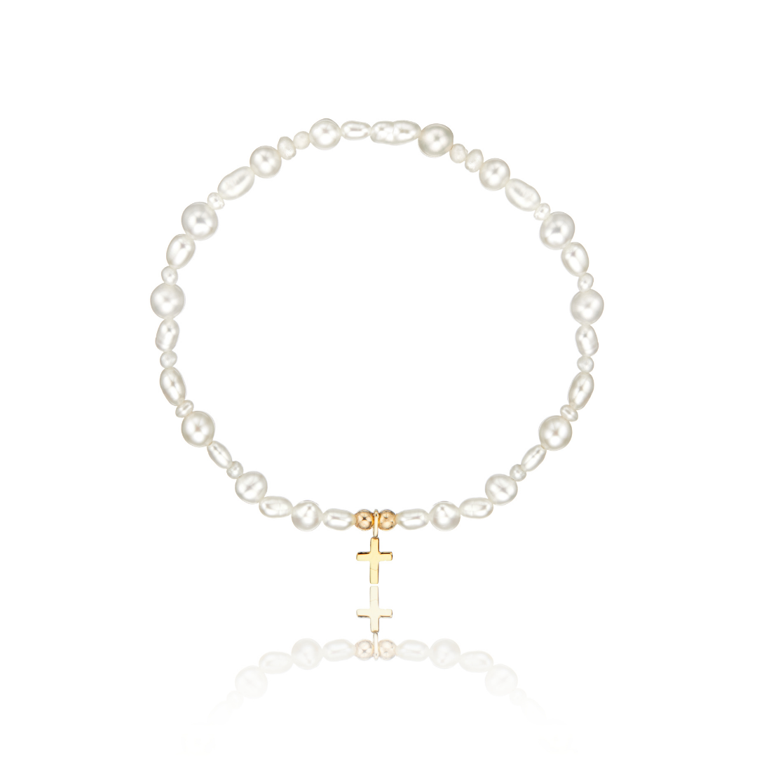 Solid Gold Pearl Tiny Cross Bracelet