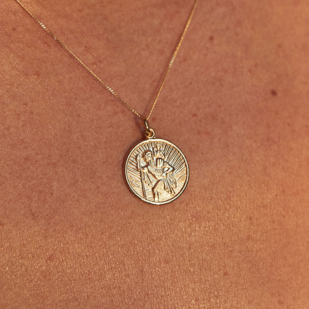 Solid Gold Medium Round St Christopher Necklace