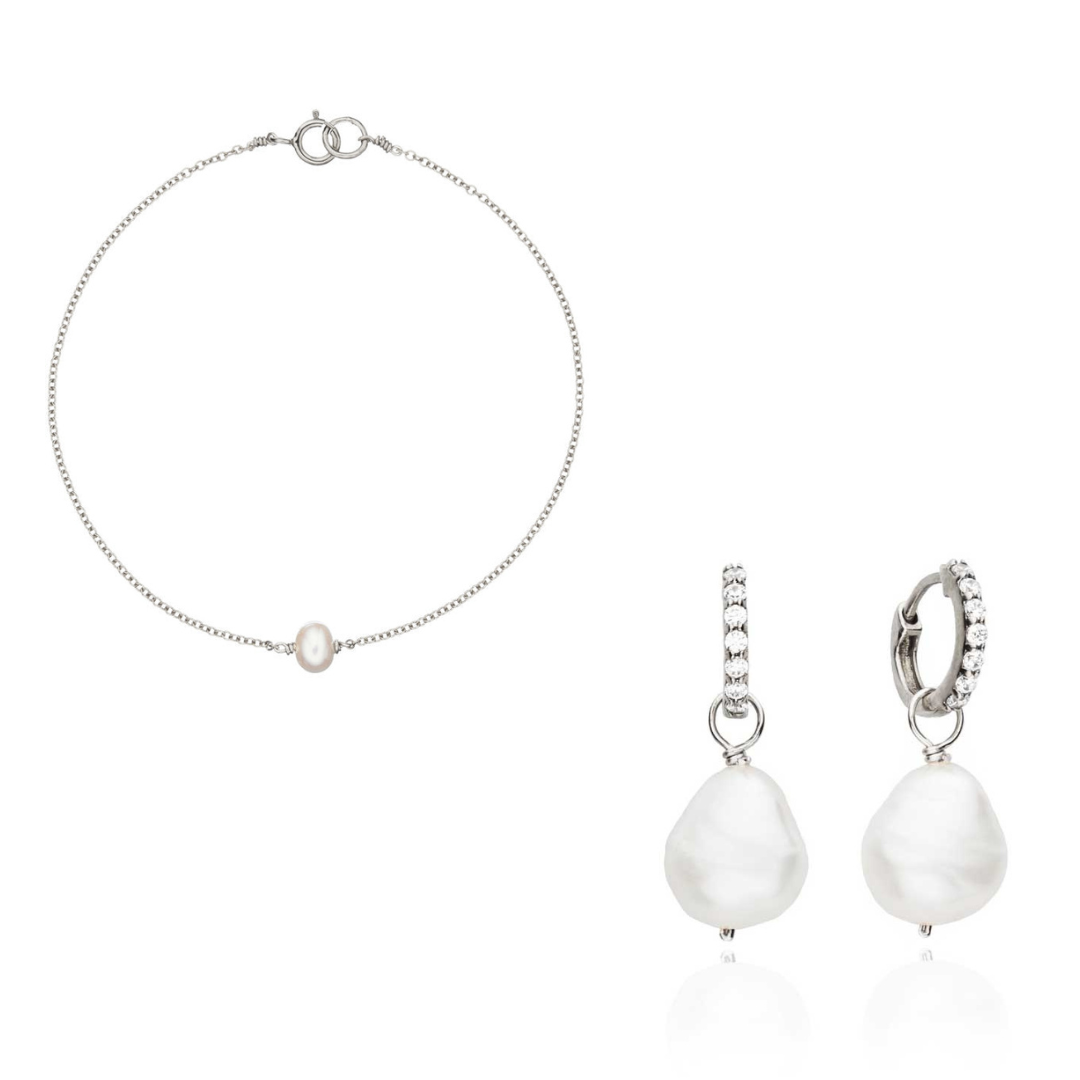 Silver Pearl Drop Huggies and Single Pearl Bracelet Set