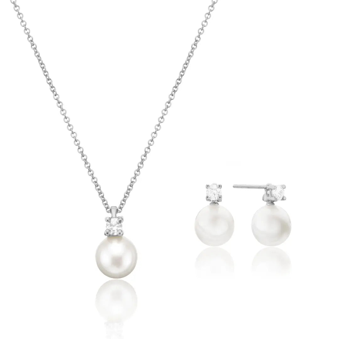 Silver Diamond Style and Pearl Stud Earrings and Necklace Gift Set