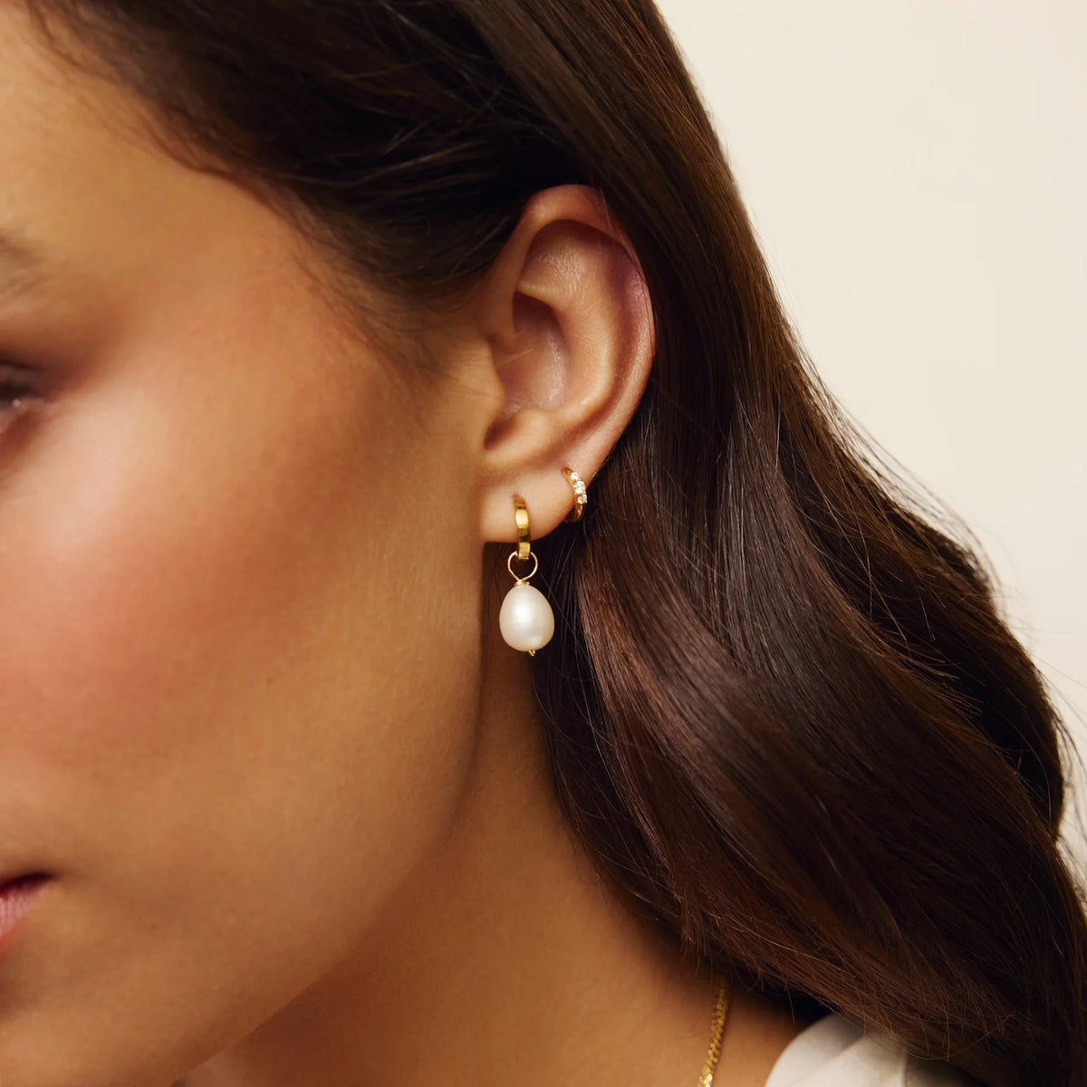 Gold Plain Huggie Pearl Drop Hoop Earrings