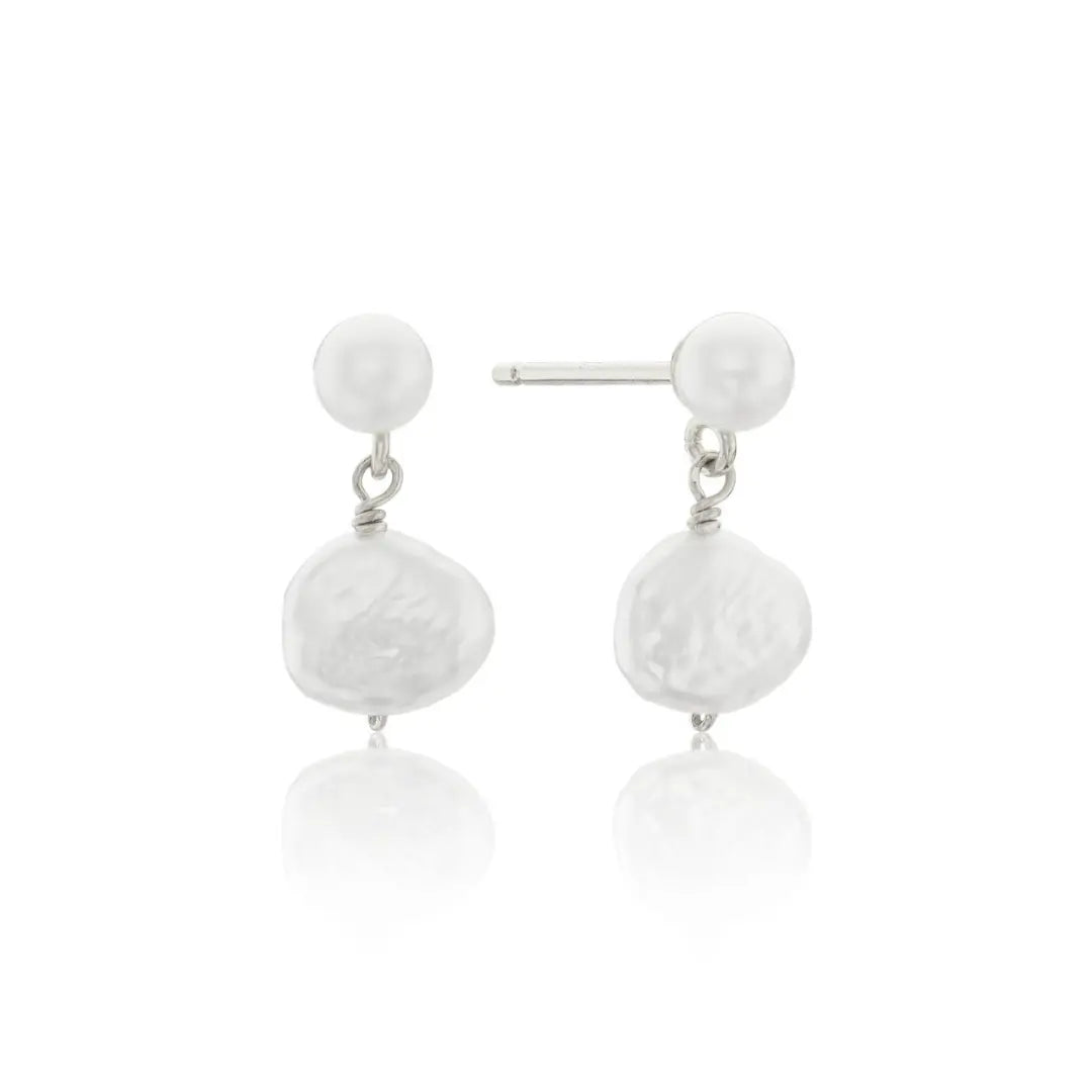 Silver Double Baroque Pearl Drop Stud Earrings