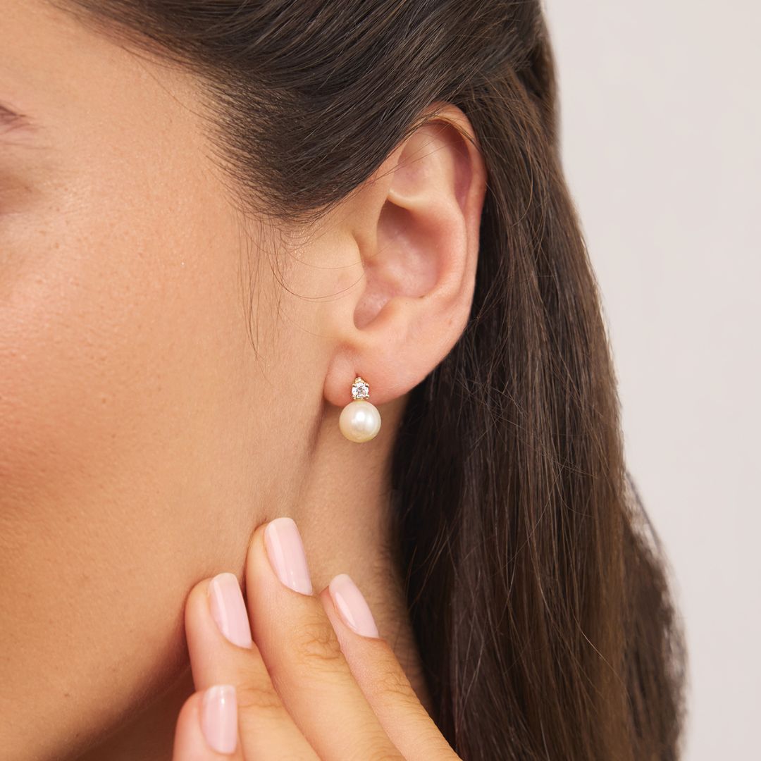 Silver Diamond Style and Pearl Stud Earrings