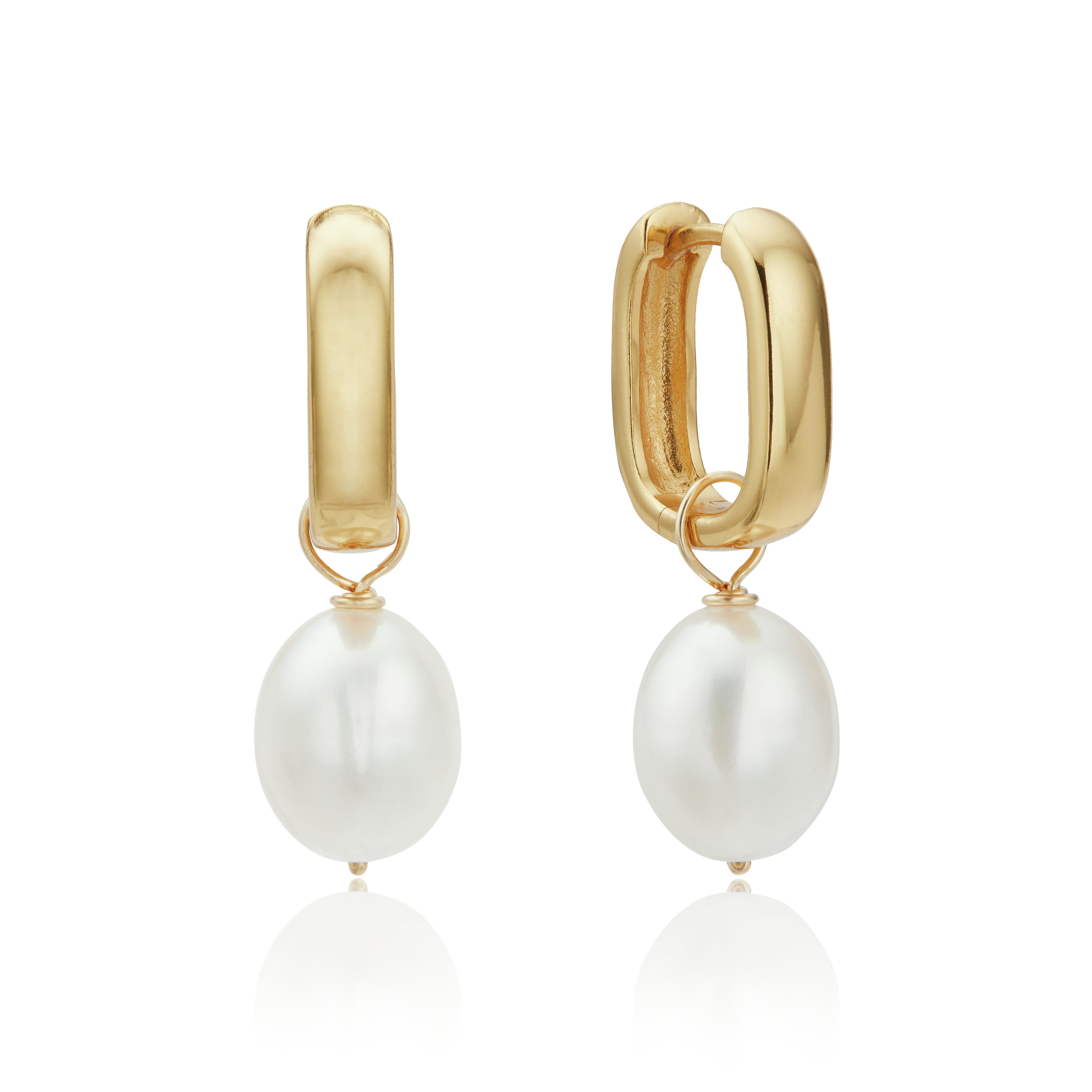 Gold Thick Squared Hoop Pearl Drop Earrings