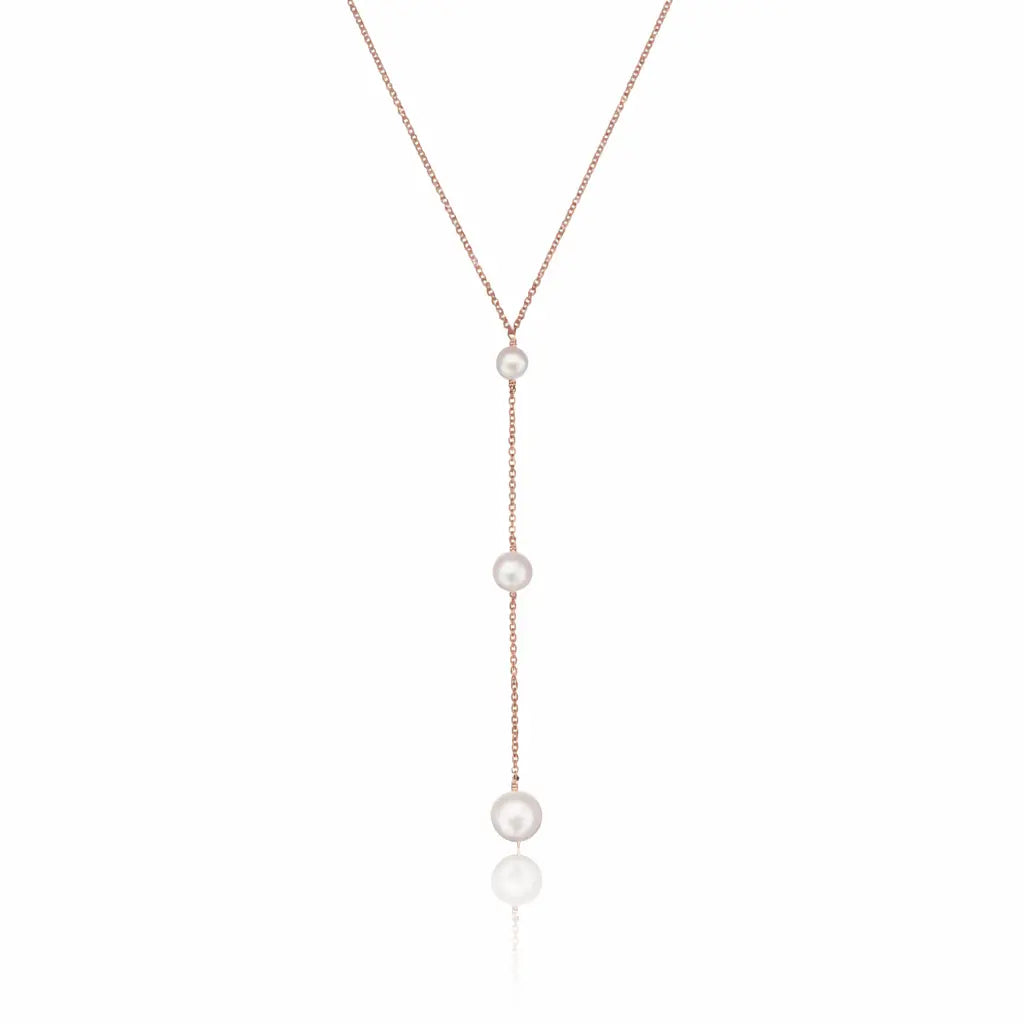Rose Gold Three Graduated Pearl Drop Lariat Necklace