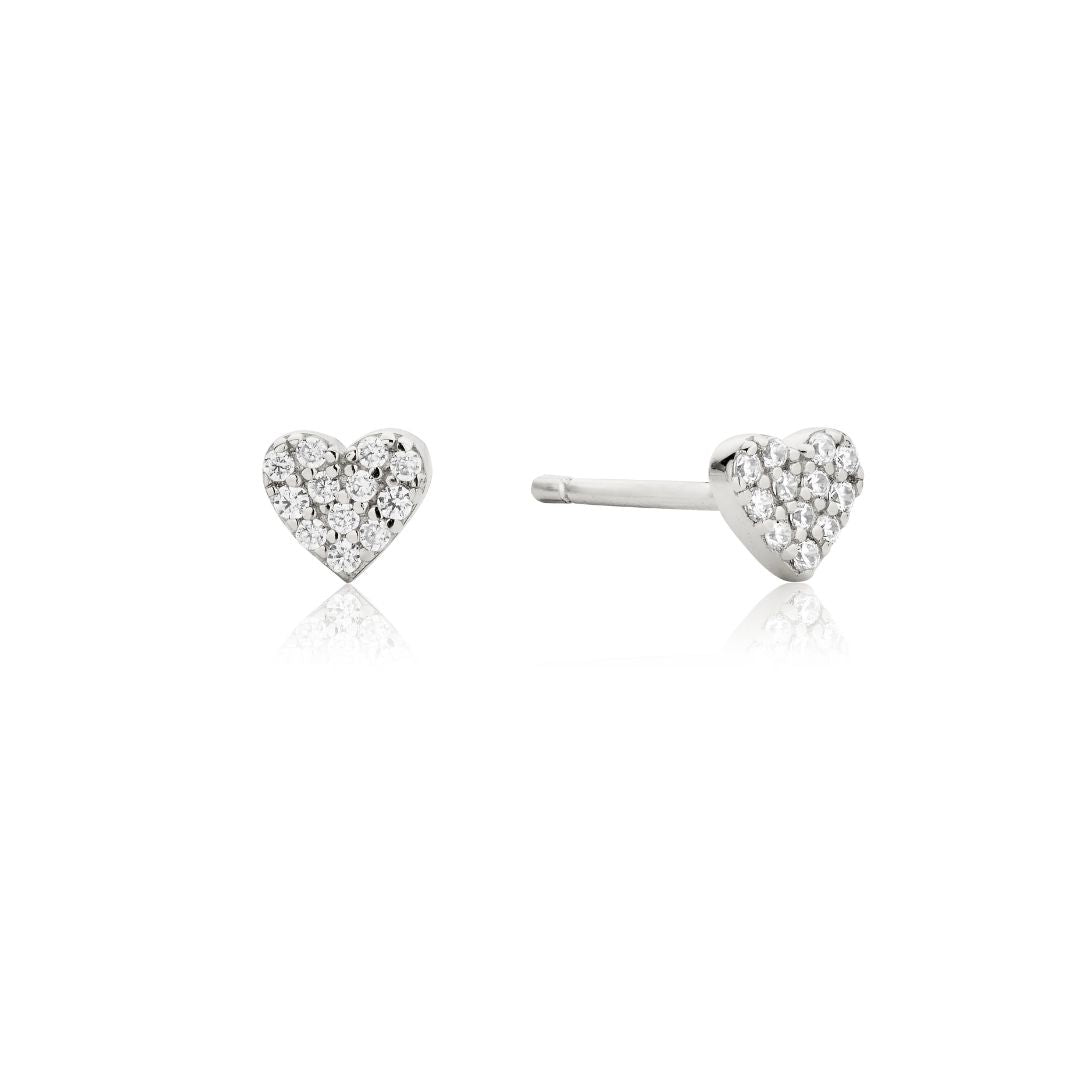 Silver Diamond Style Cluster Heart Stud Earrings