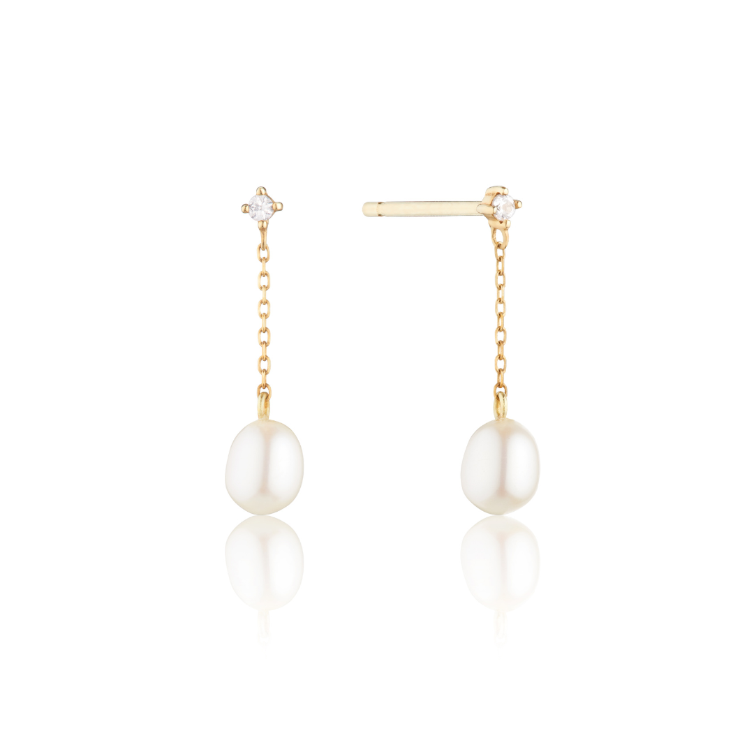 Gold Diamond Style Pearl Drop Stud Earrings