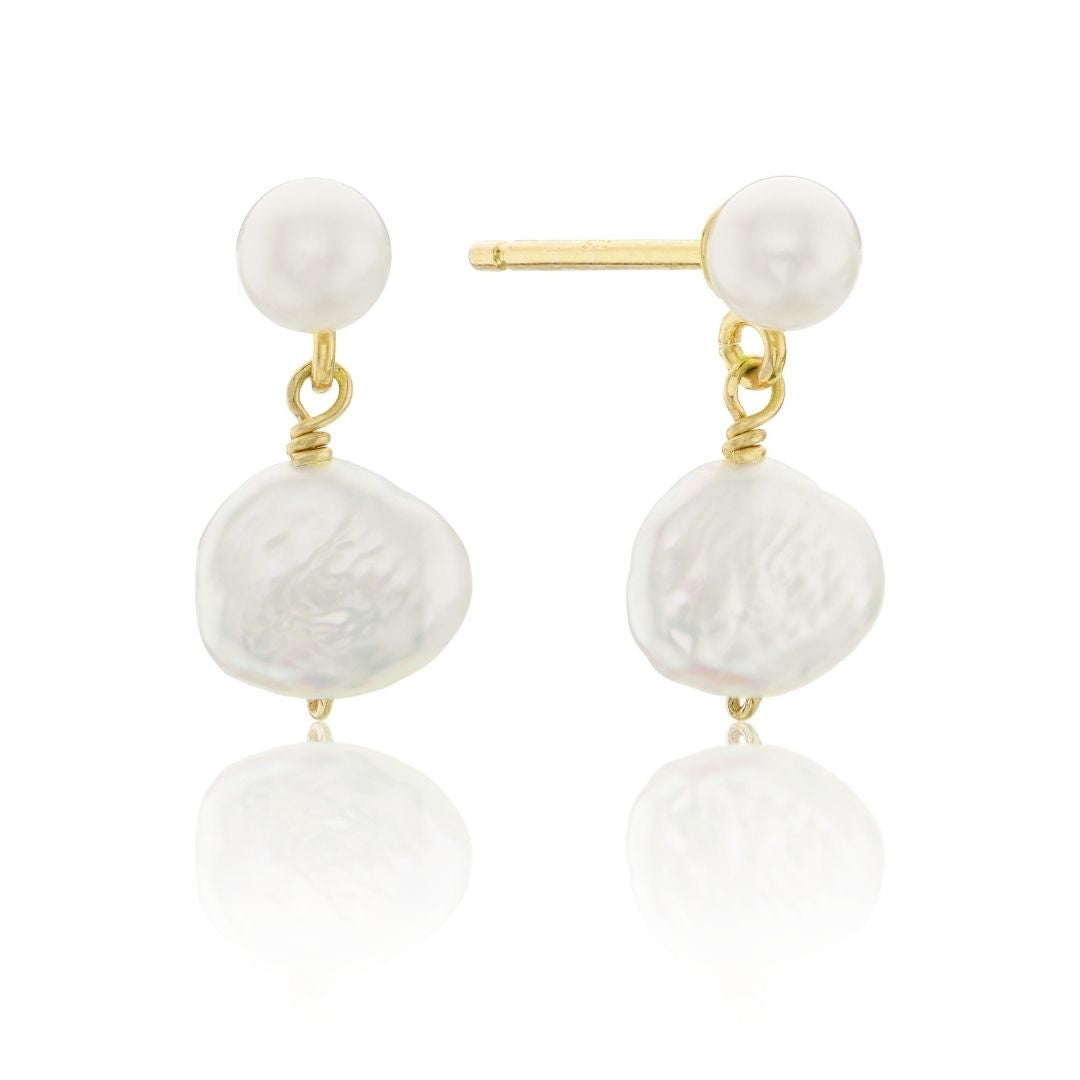 Gold Double Baroque Pearl Drop Stud Earrings