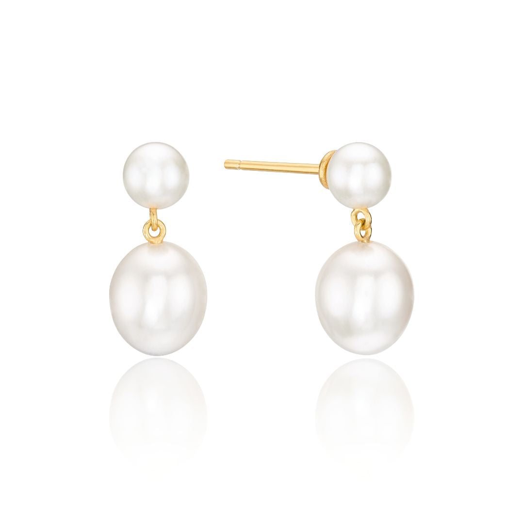 Gold Double Pearl Drop Stud Earrings