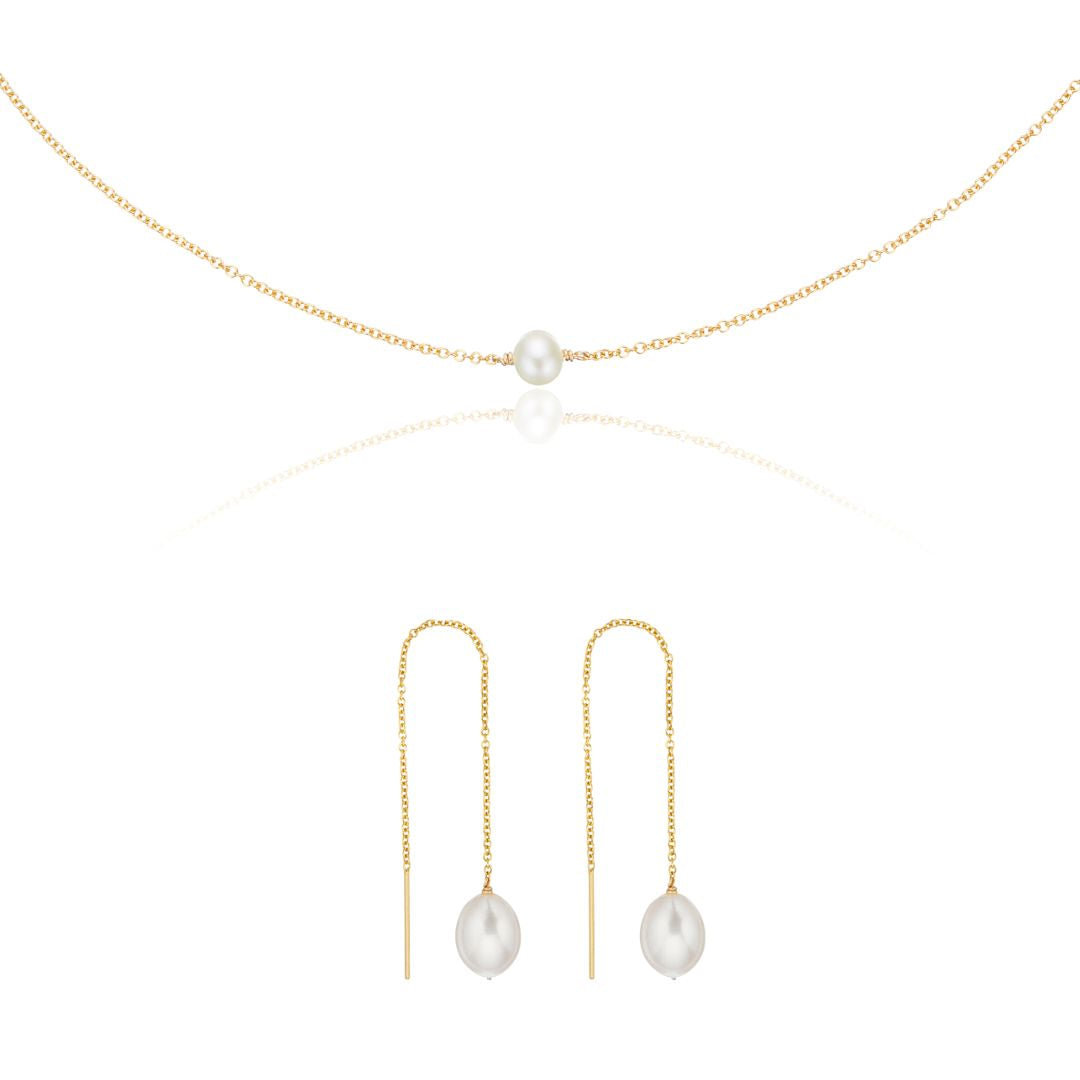 Gold Large Pearl Drop Ear Threaders and Single Pearl Choker Gift Set